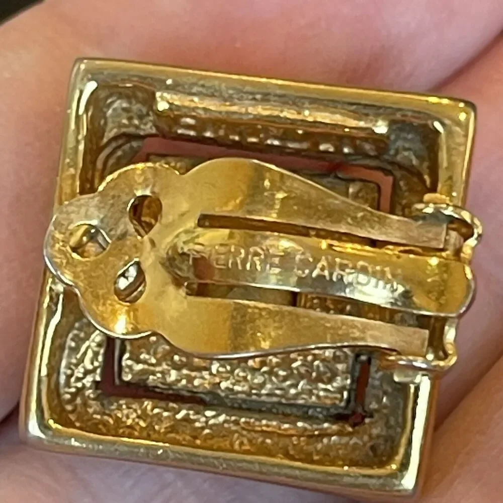 PIERRE CARDIN Square CZ Crystal Earrings Gold Tone ClipOn Heavy Chunky Statement